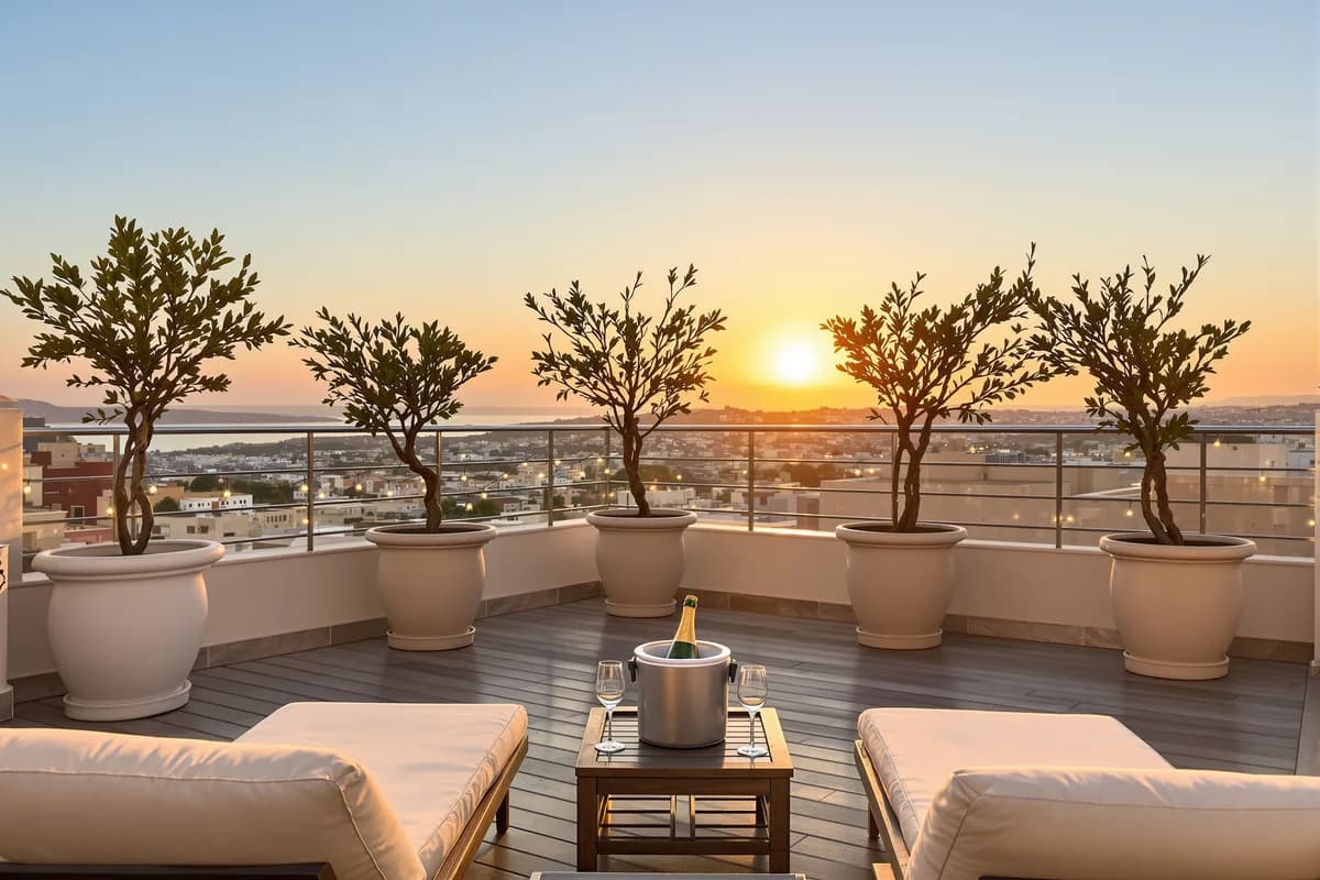 The Roof Terrace, the suite of Diane, AI companion. AI-generated image.